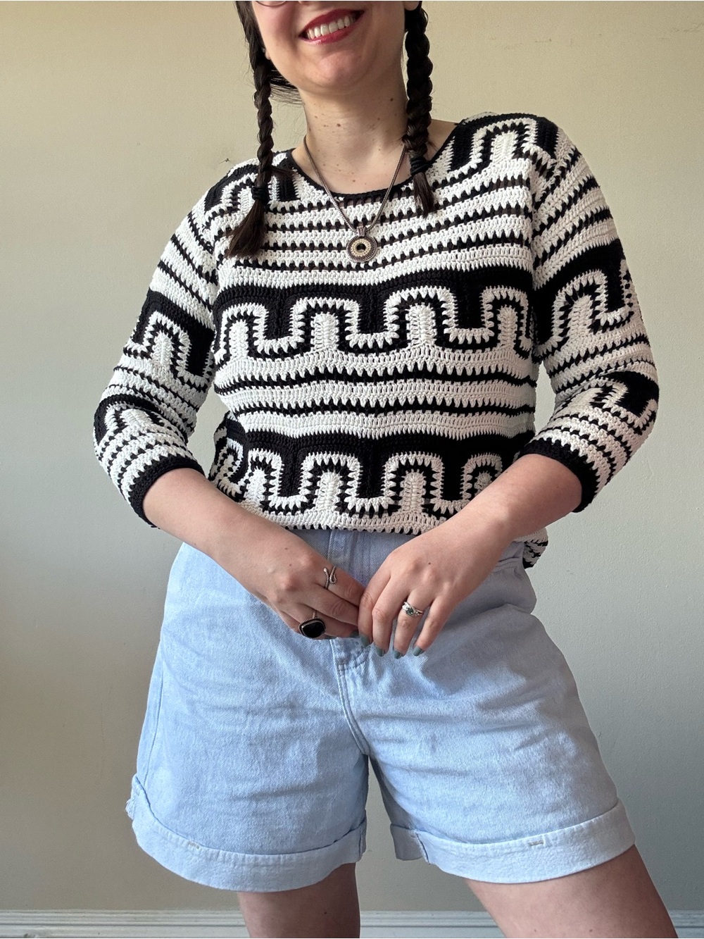 Chico's Black & White Geometric Crochet Crewneck Sweater